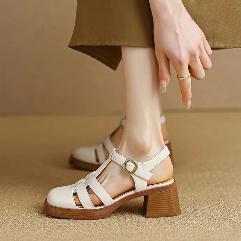 Vintage Fashion Women Sandals Office Ladies Pumps Chunk Heels Platforms Buckle Shoes Woman 2023 Summer bc5961