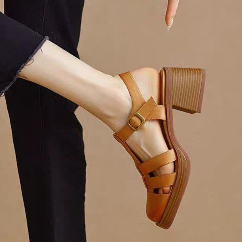 Vintage Fashion Women Sandals Office Ladies Pumps Chunk Heels Platforms Buckle Shoes Woman 2023 Summer bc5961