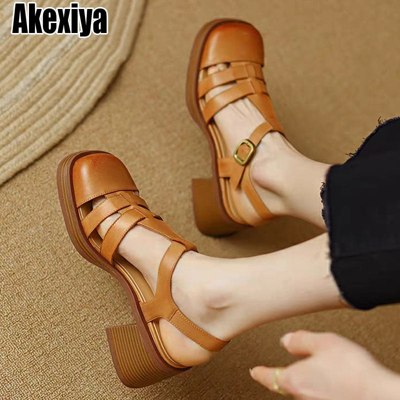 Vintage Fashion Women Sandals Office Ladies Pumps Chunk Heels Platforms Buckle Shoes Woman 2023 Summer bc5961